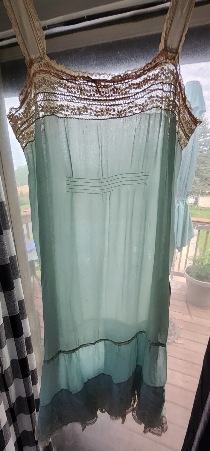 VTG 1920s FLAPPER PALE AQUA SILK & LACE CHEMISE Art Deco Era Slip, 1930s Repairs