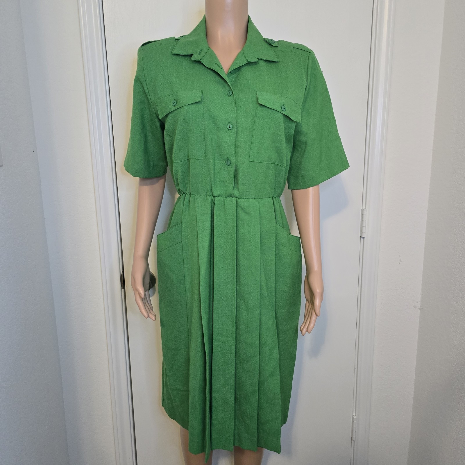VTG Green Women&rsquo;s Uniform Retro 50s Pleated Blouson Pockets S-M