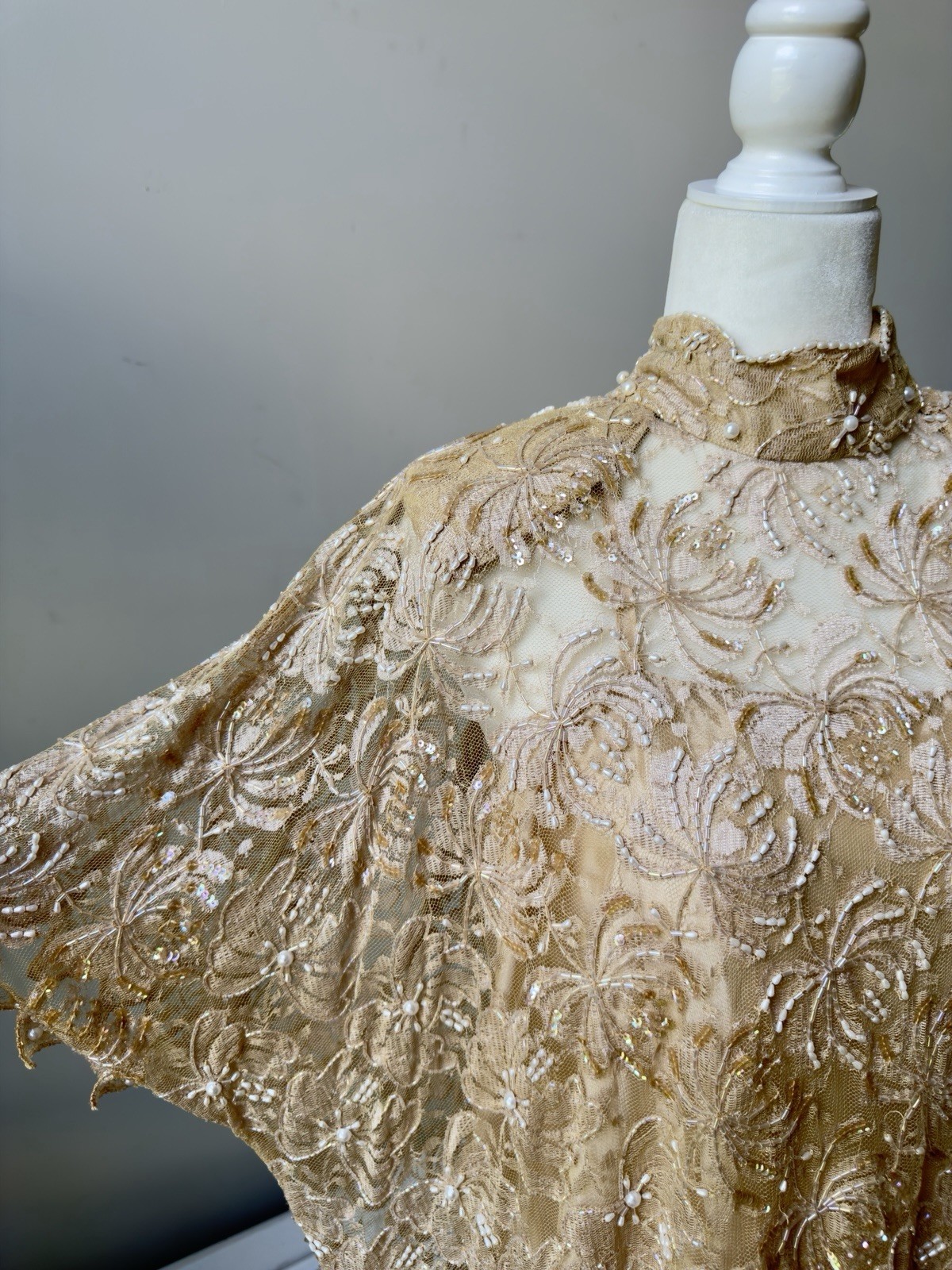 Vtg 80s CHAMPELLYSE Pure Silk Beaded Sequin Lace Tunic Dress M Drop Waist