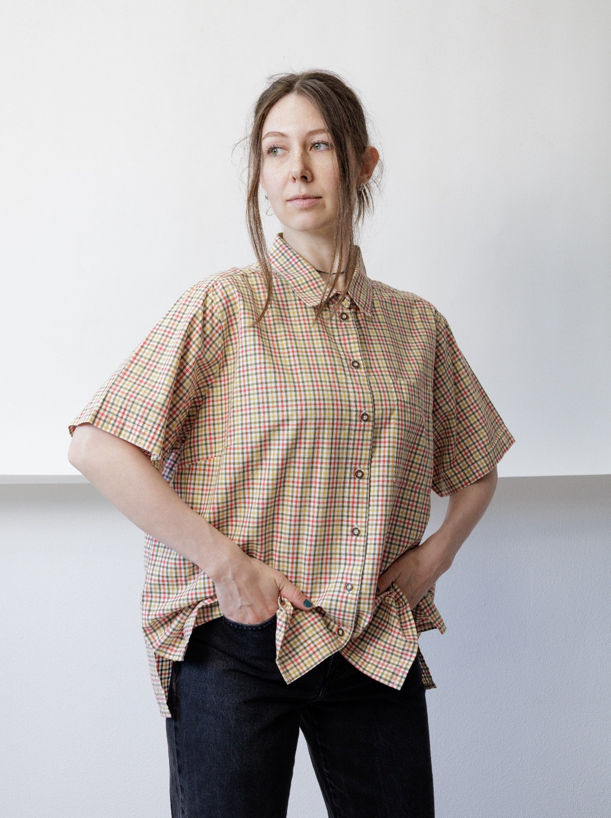 Vintage 90s Tattersall Check Plaid Short Sleeve Button Up Shirt Women&rsquo;s L Oversi