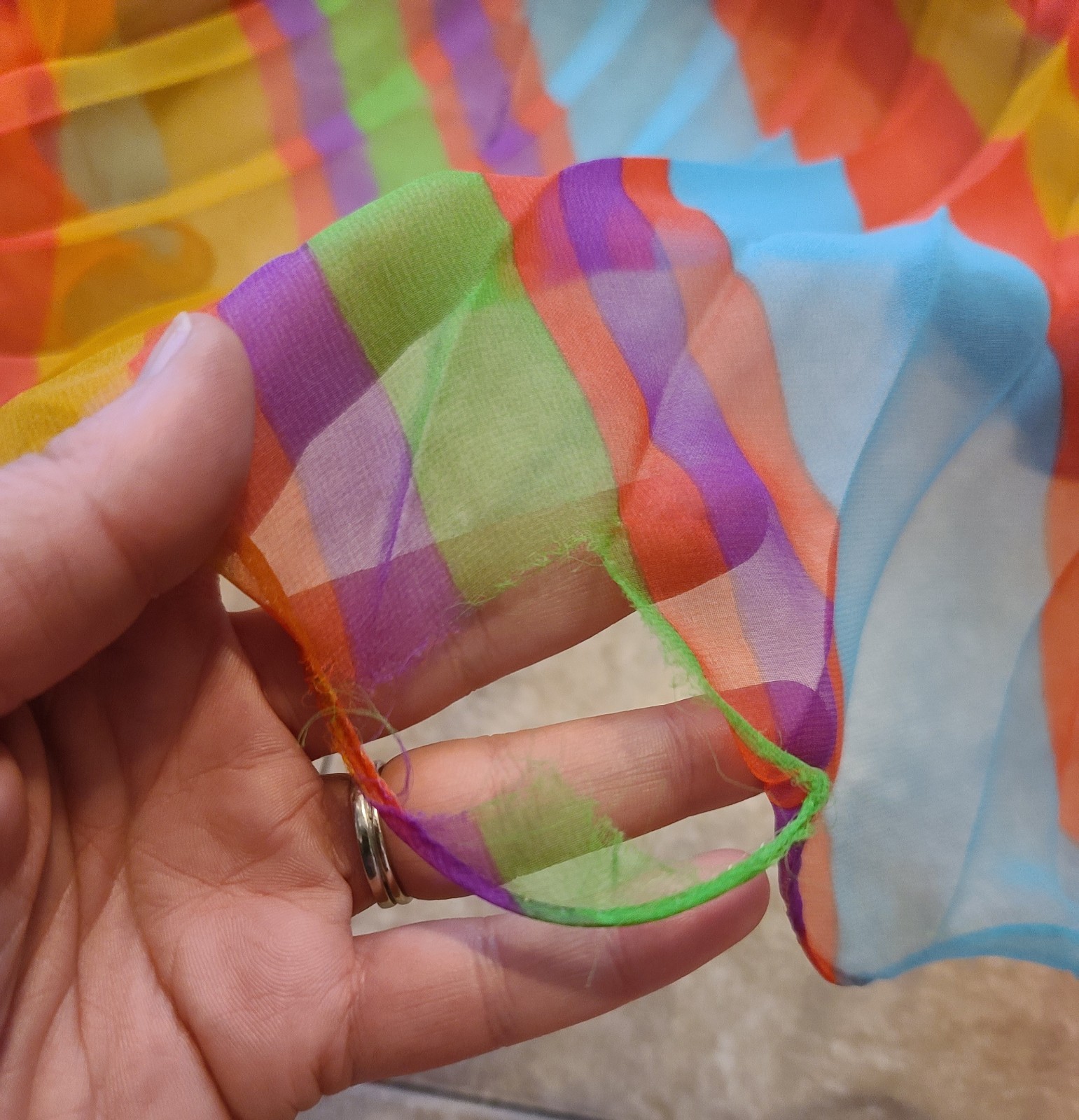 VTG Chiffon Pleated Rainbow Stripe Purple Maxi Dress Ruffle Collar V Neck UV Glo