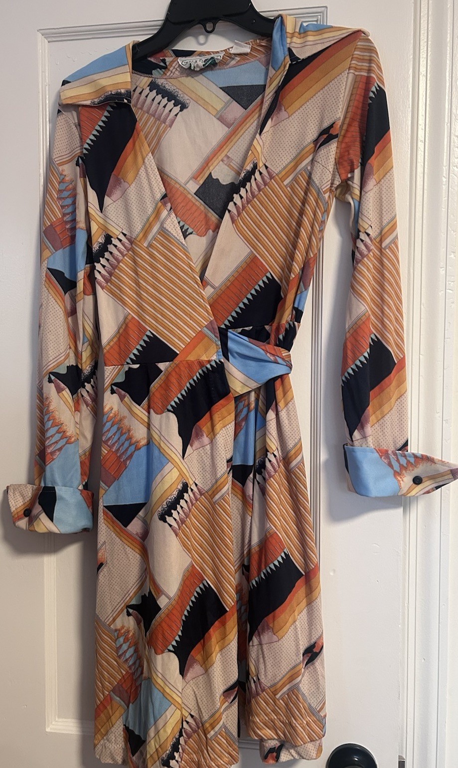 Vintage 70s Huk-A-Poo Wrap Dress Geometric Disco Print XS S Nylon Jersey Mod