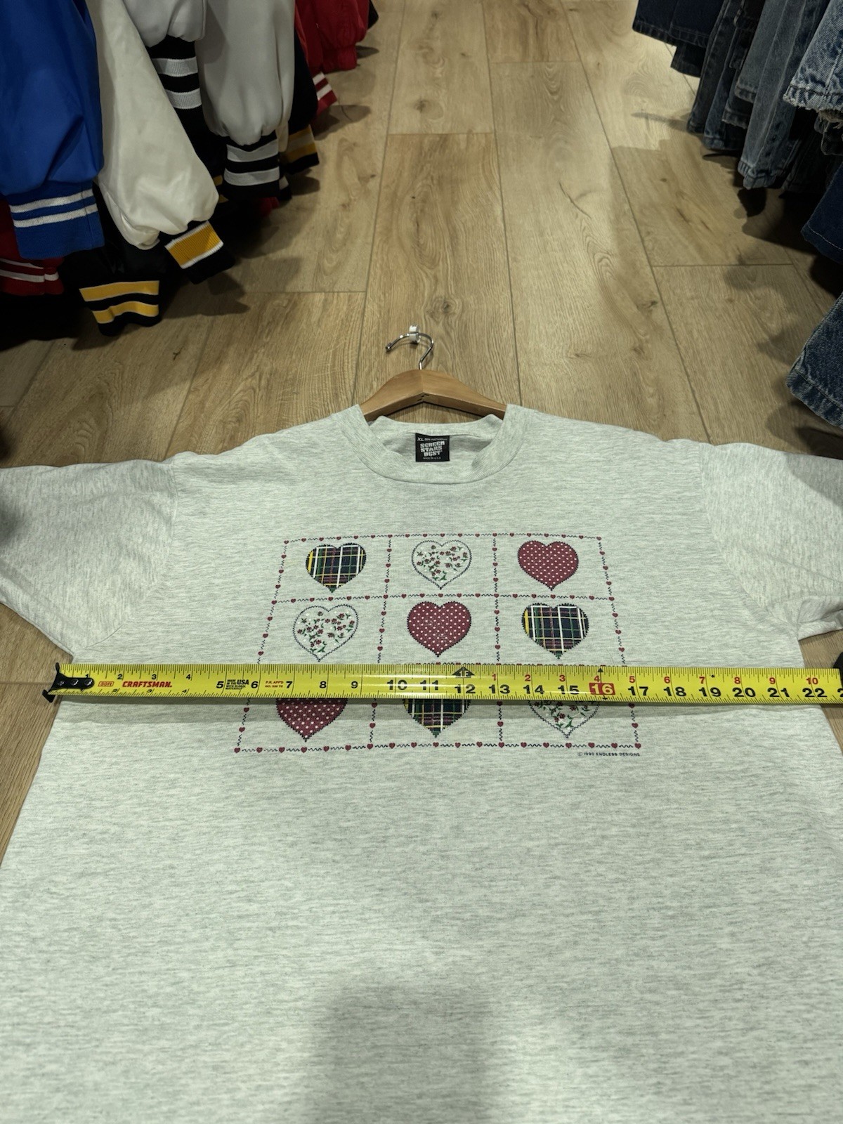 Vintage 1990 Endless Designs Screen Stars Patchwork Heart T-Shirt Gray XL