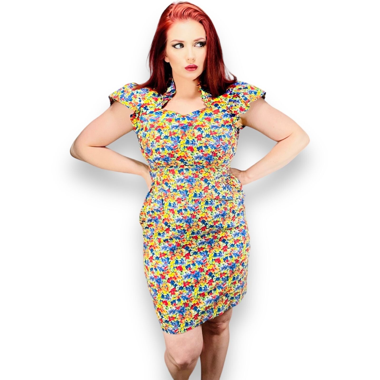 Vintage 80s Womens High Ruffle Neck Collar Flutter Sleeve Floral Dress 2 / XS