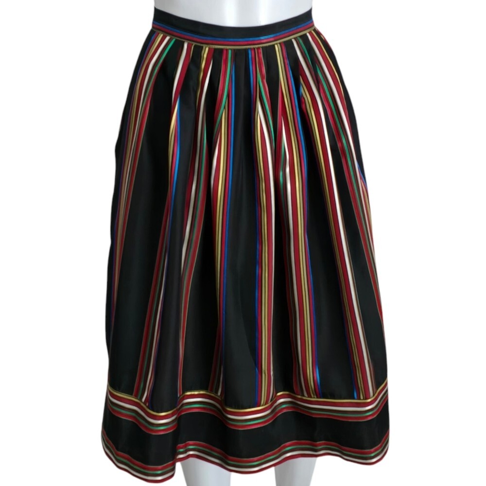 Vintage Ann Stevens 80s Black Faille Multicolored Satin Stripe Skirt Size 11/12