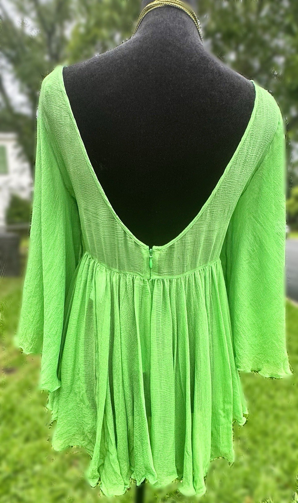 Authentic CHLOE Gazon Green Silk Sheer Ruffle Blouse Boho Fairycore Designer Vtg
