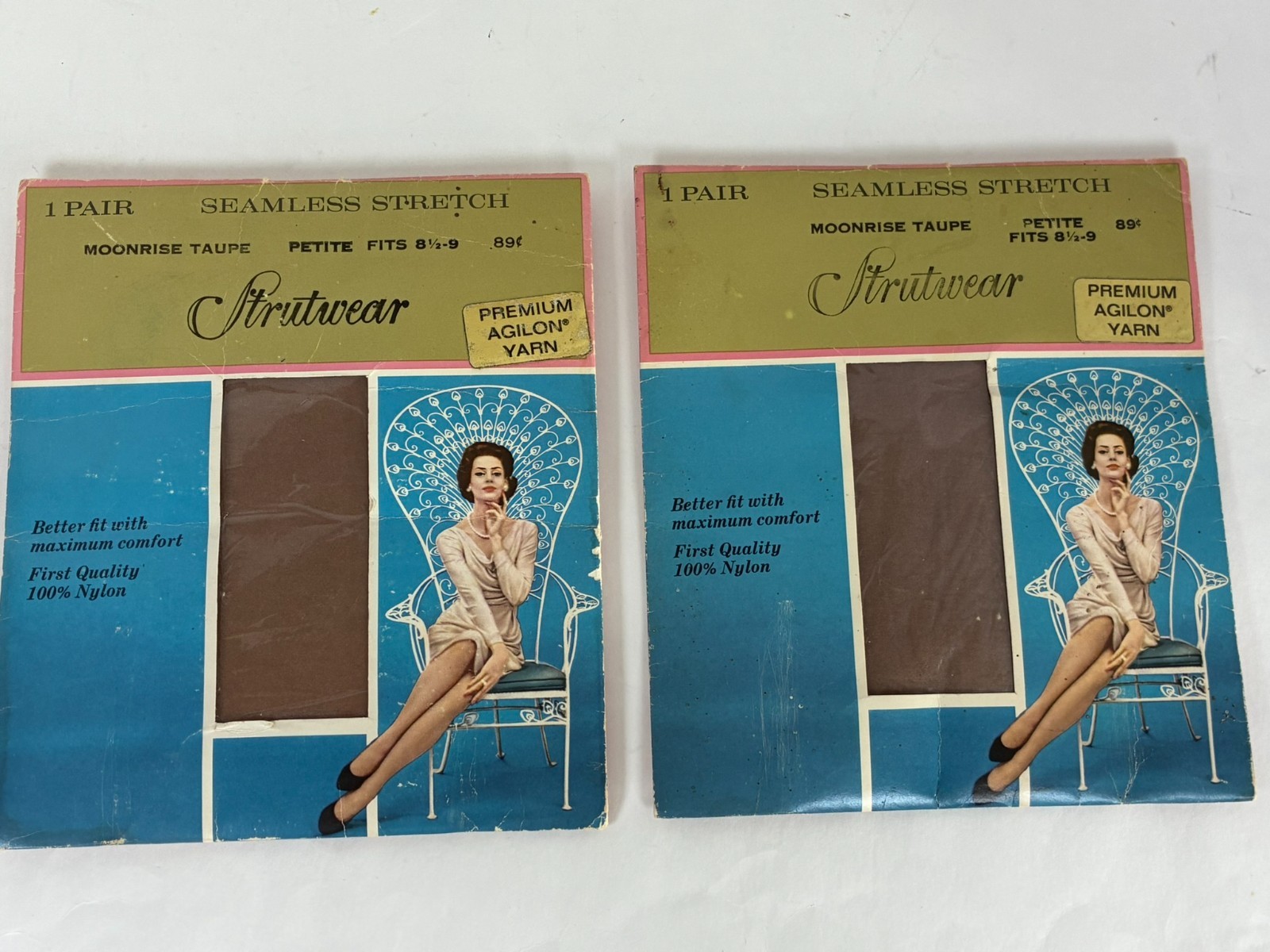2 Pr NOS Vintage Strutwear Seamless Nylon Stockings Petite 8.5–9 Moonrise Taupe