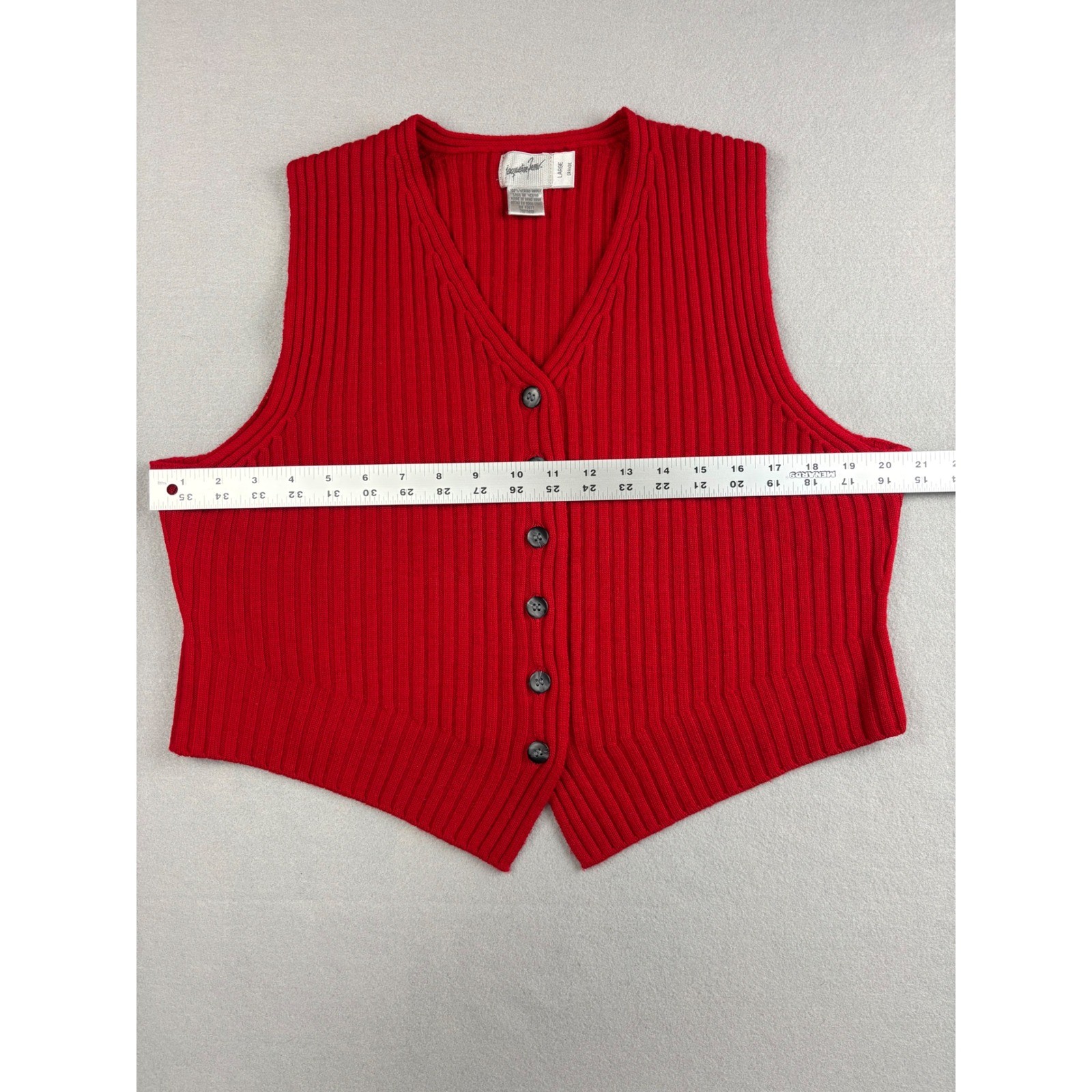 Jacqueline Ferrar Red Merino Wool Ribbed Sweater Vest Button Front Large Vintage