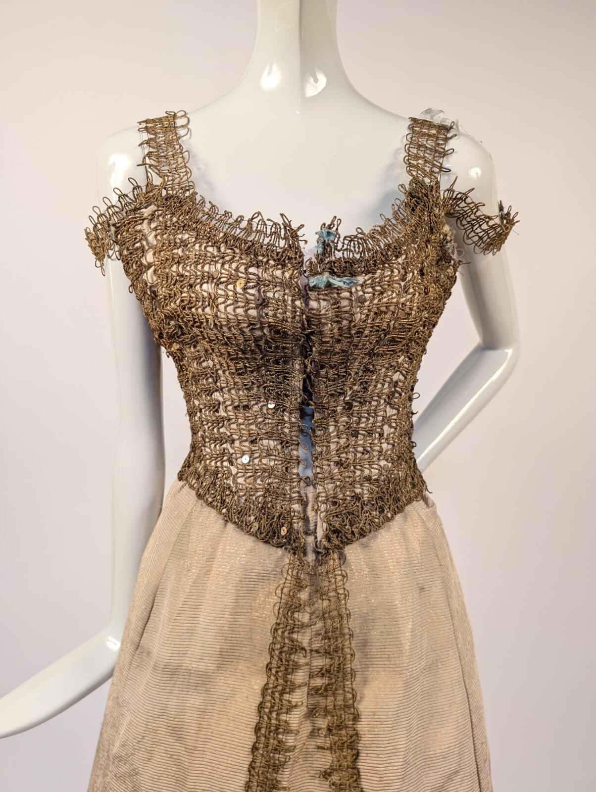 UNUSUAL VICTORIAN 1880’S SILK FAILLE + METALLIC GOLD BRAID BUSTLE DRESS