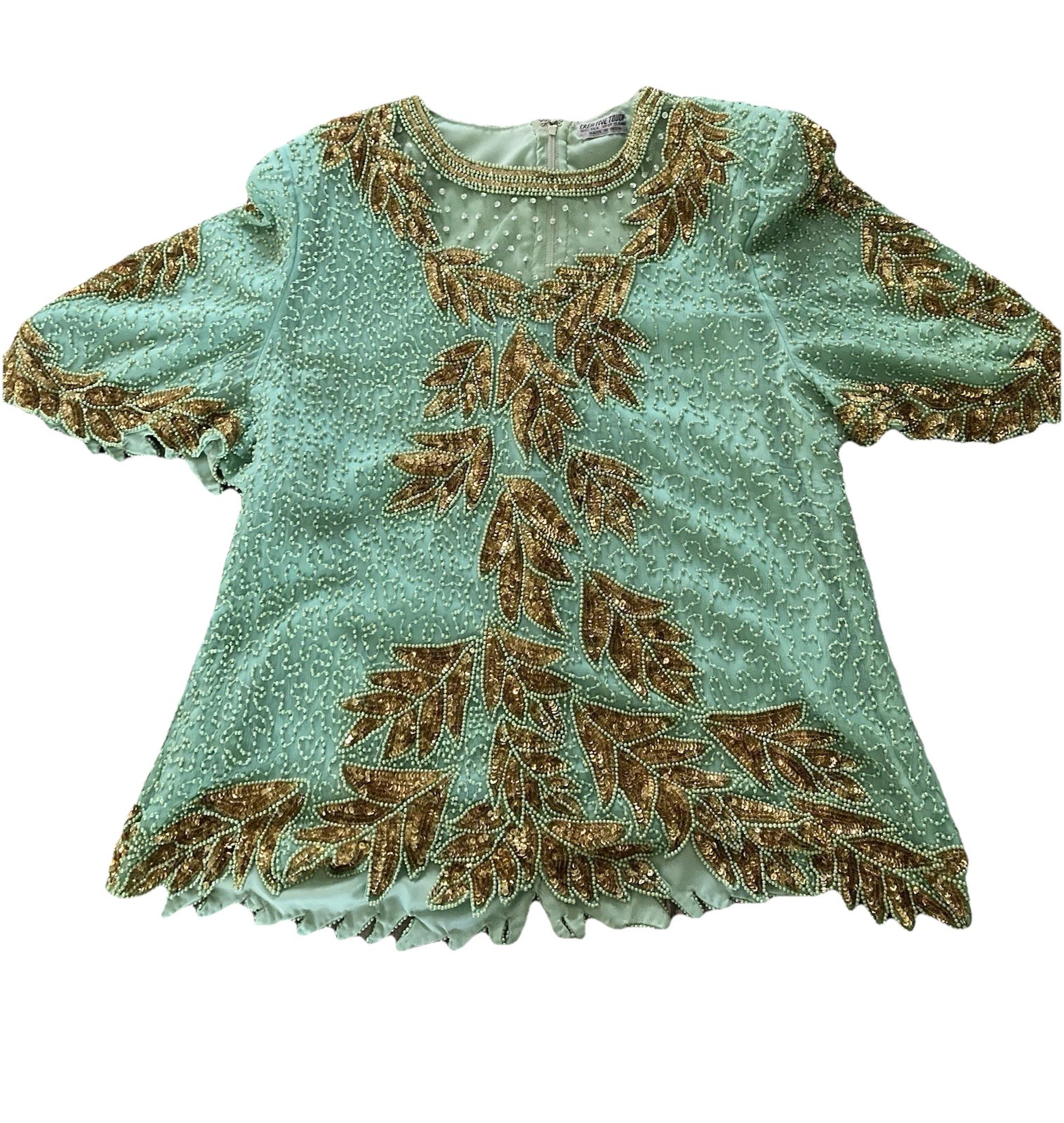 Vintage Silk Beaded Top Large Creative Touch Made In India Green And Copper