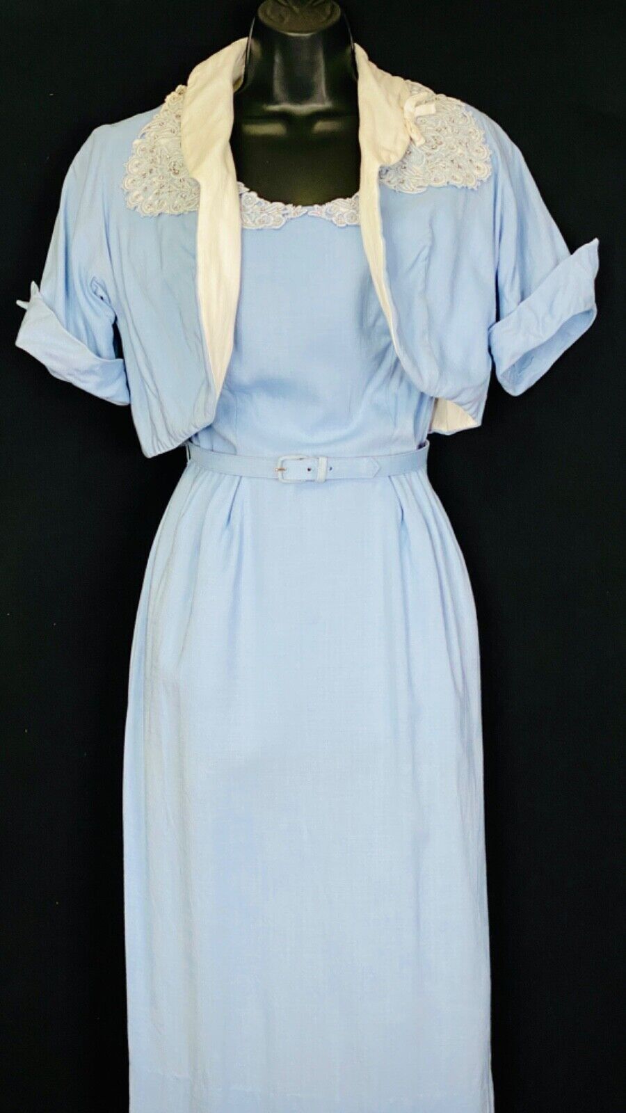 Vintage 1950s blue dress set, cotton linen pin-up wiggle formal bolero spring S