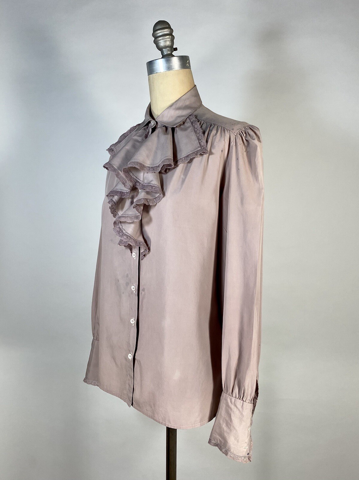 Vintage 1980&rsquo;s REGENCY style distressed over-dyed Lilac purple ruffle blouse Med