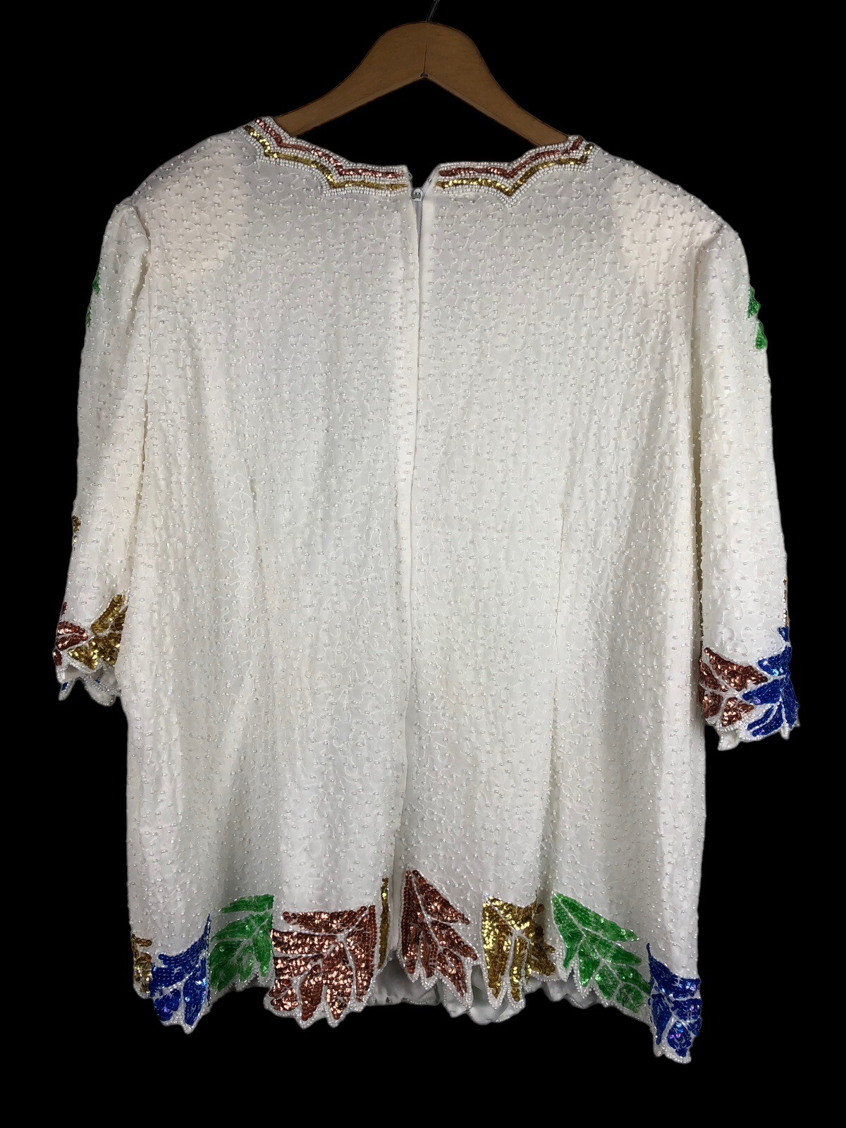 Beaded Top Size XL / 1X Vintage Evening Wear Shirt Blouse White Blue Copper Leaf