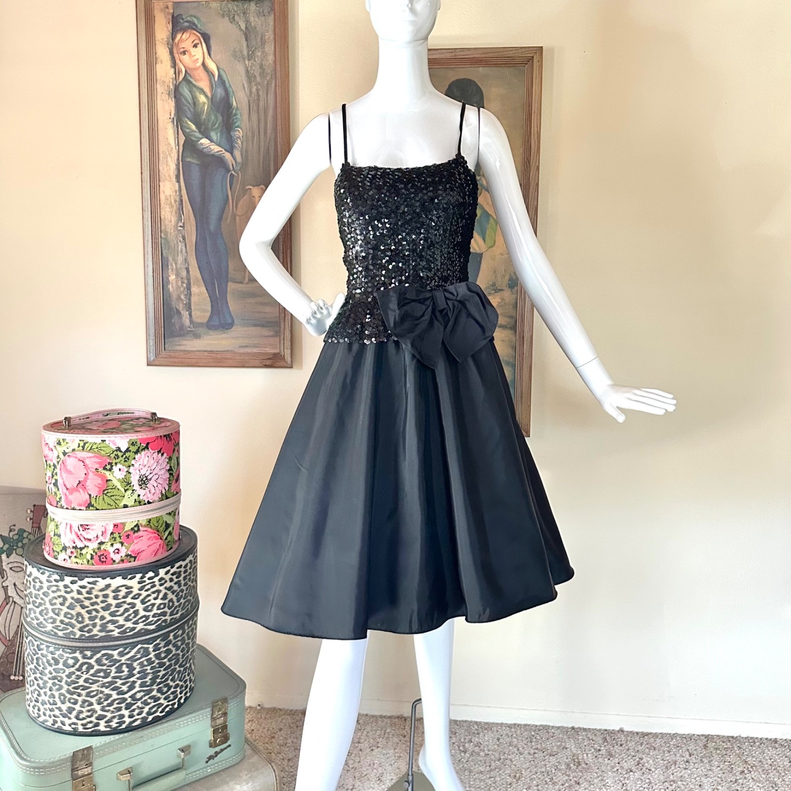 Vintage 1980s Goth Black Sequin Taffeta Party Prom Dress Fit Flare 50s Style M/L