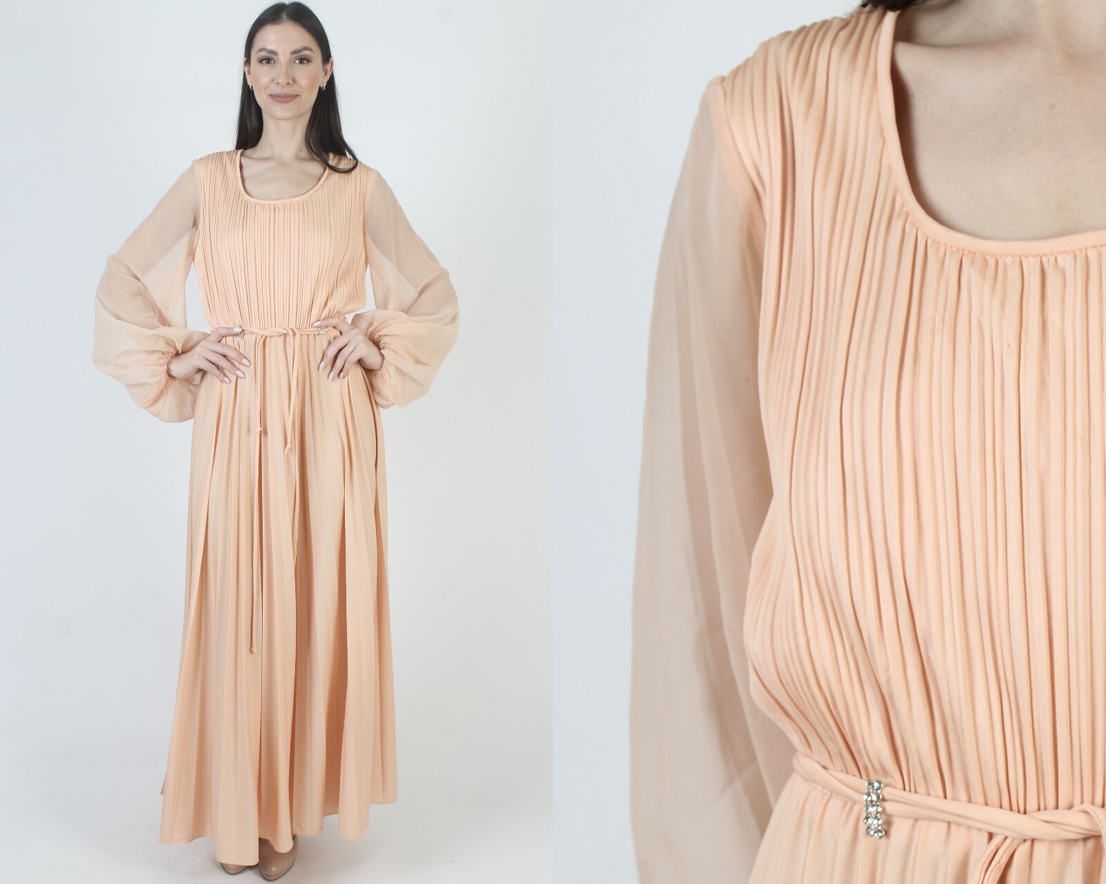 Vtg 70s Peach Grecian Goddess Dress Sheer Chiffon Puff Slv Belted Disco Gown