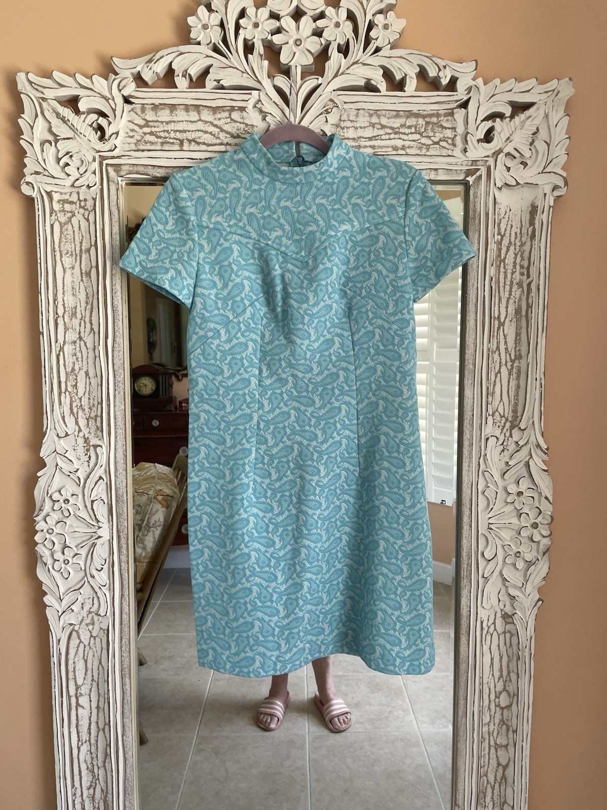 Vintage Handmade Blue Textured Poly Paisley Print Short Dress Sm