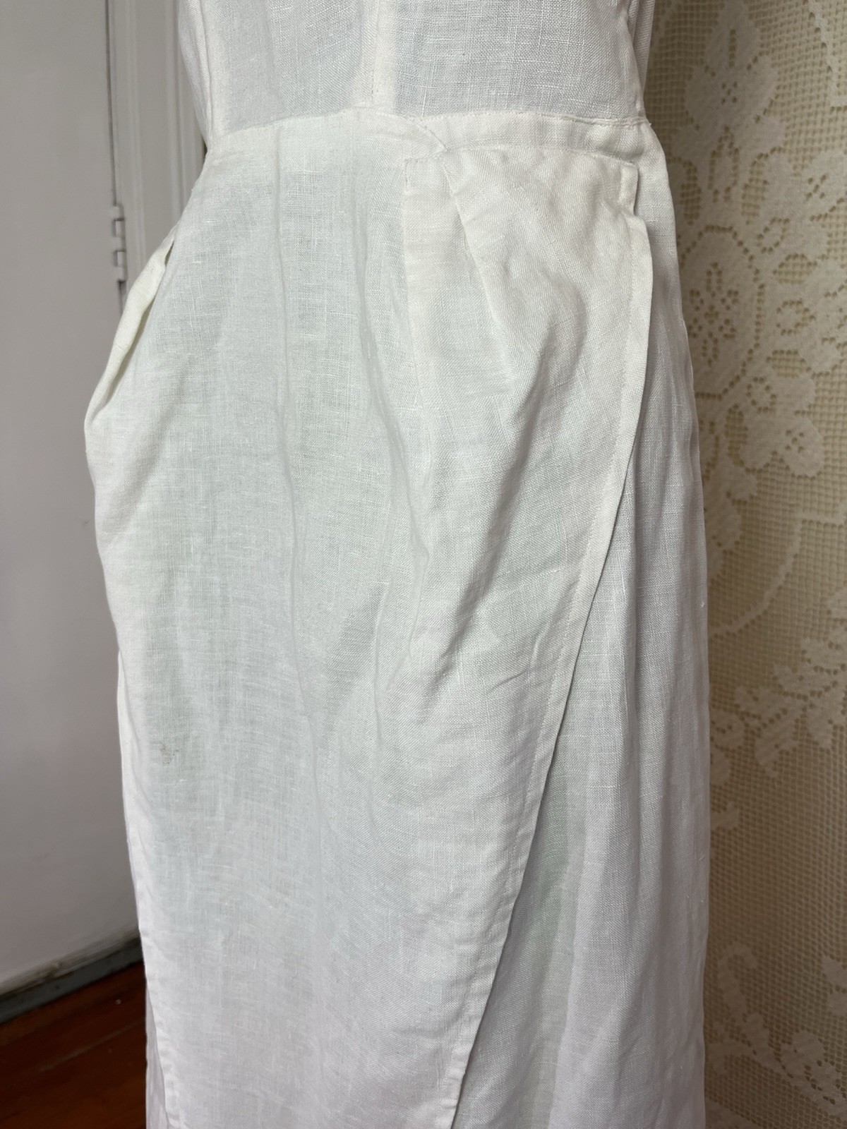 Vintage 1940s White Linen Strapless Dress Cutwork Summer Formal Wedding 40s