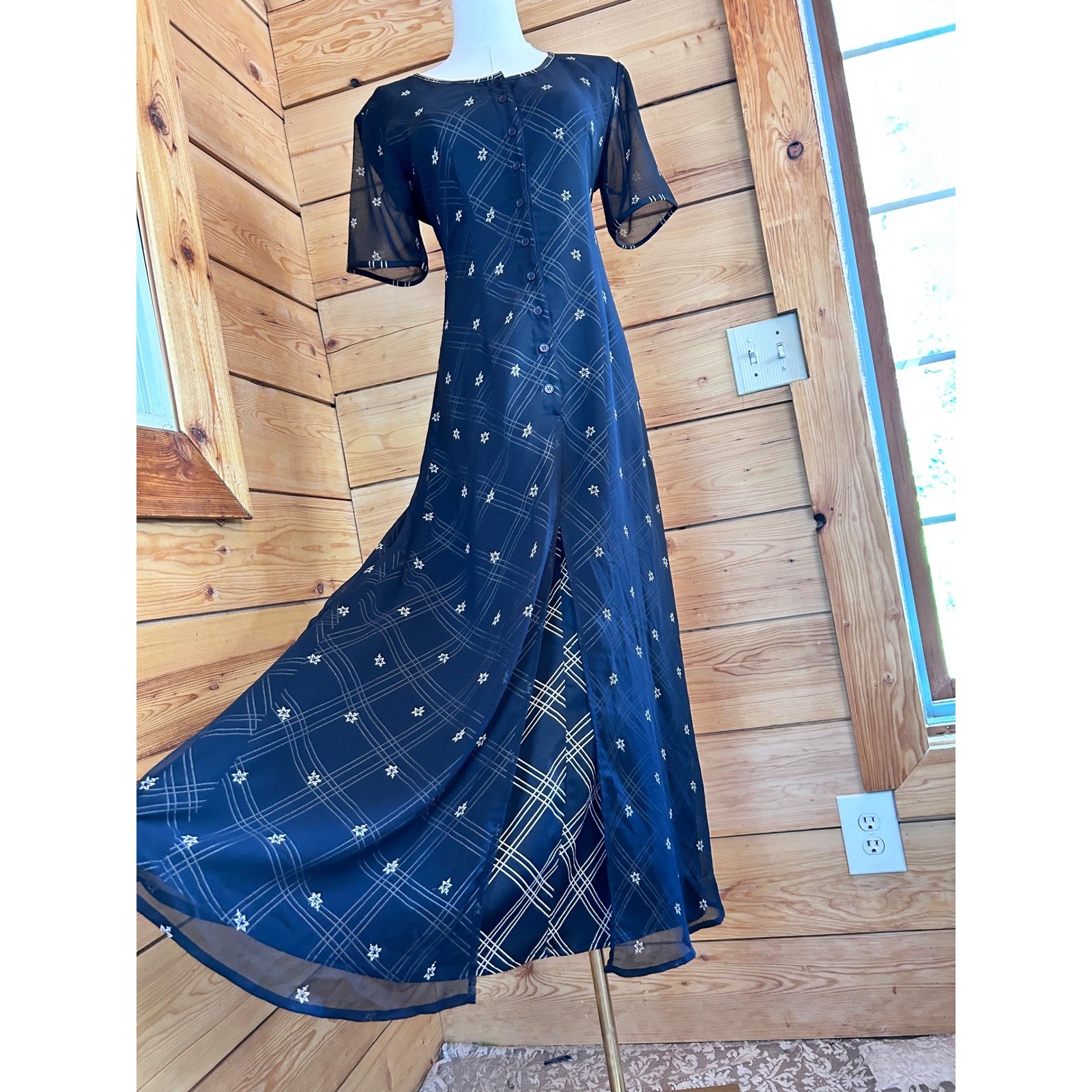 Vintage Maxi Dress Womens Medium Black Plaid Mesh Duster East West Clothing Co