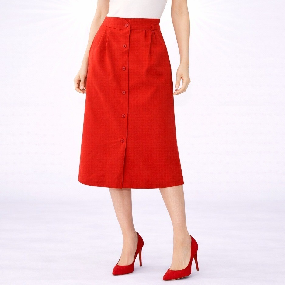 60s Red Button Front Skirt Rockabilly 2XS High Waist Polyester A Line Mod Pin Up