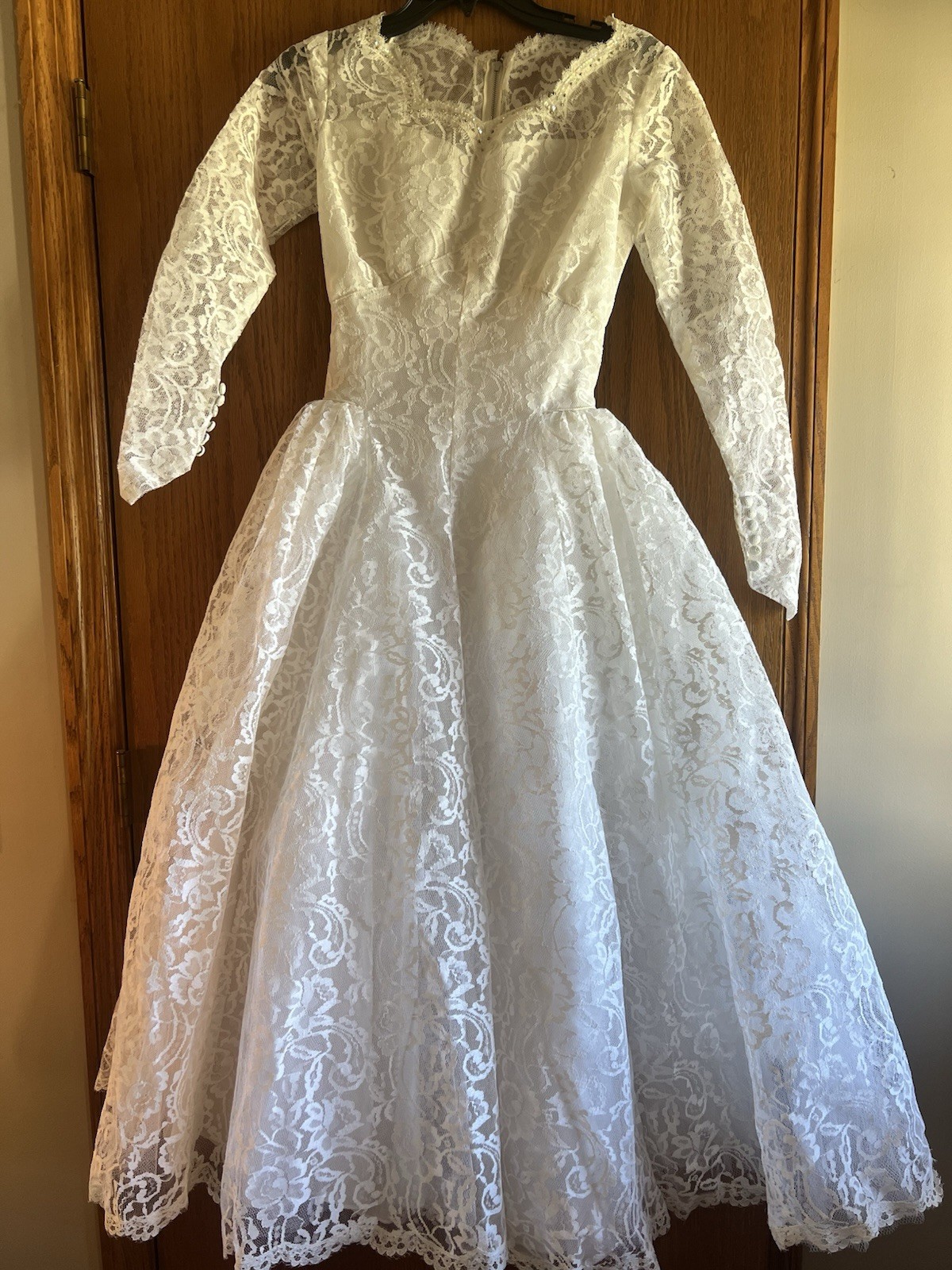 Vtg 1960s Tea Length White Lace Full Wedding Dress Long Sleeve Custom Made W/bag