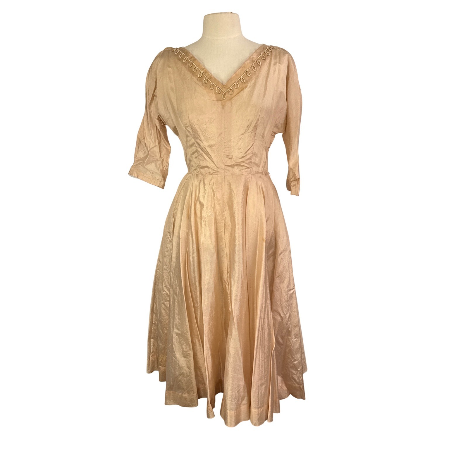 Vintage 50s Cream Beaded V Neck Cocktail Dress Full Skirt, 36 bust, 26 waist