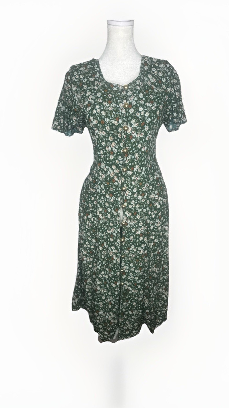 Caroline Wells Vintage 1990&rsquo;s MIDI Dress Size6 Green &Ivory Floral Short Sleeve