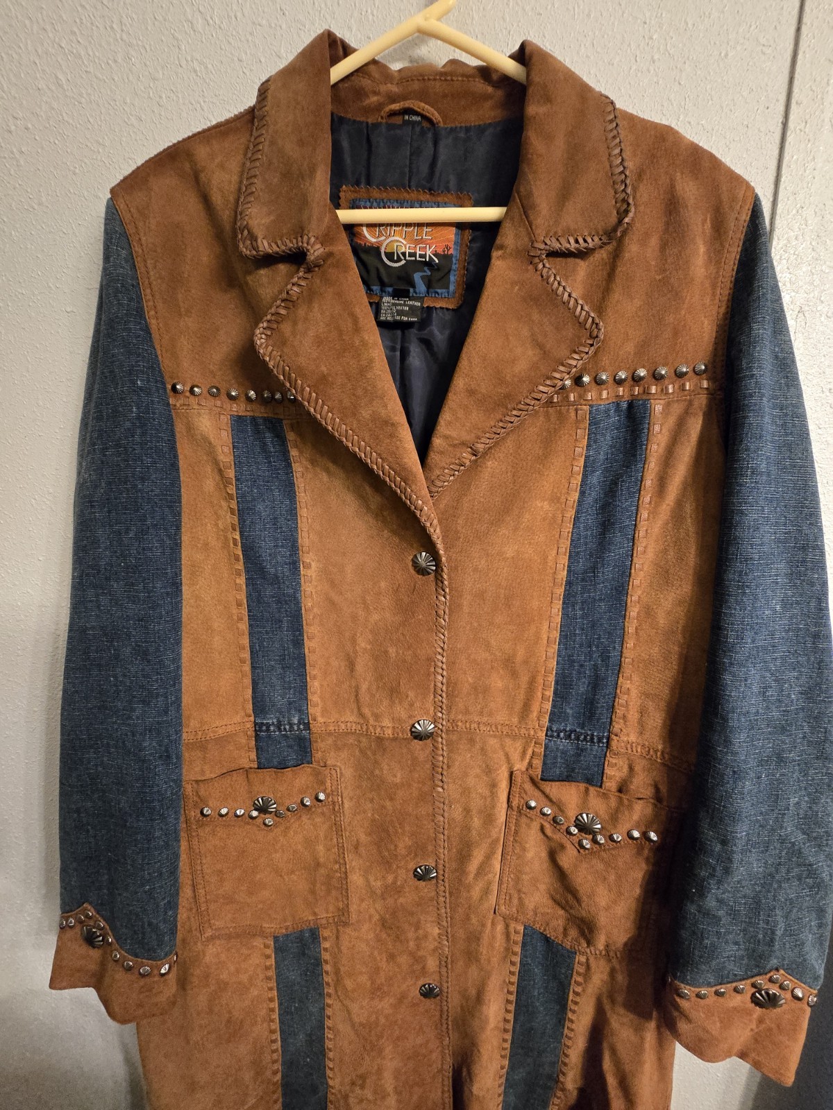 Vintage Cripple Creek Western Leather Denim Duster Long Jacket Trench Coat