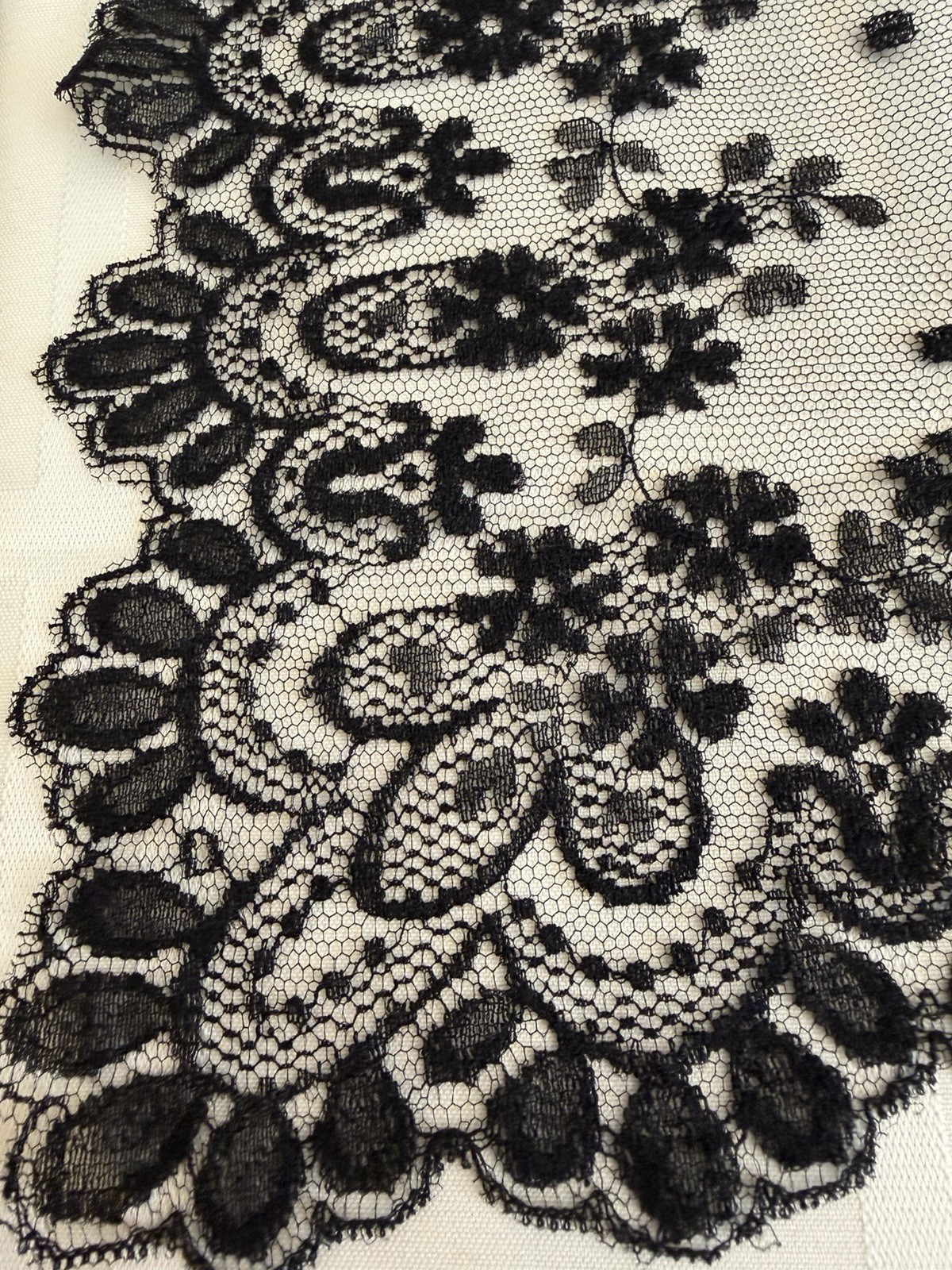 Early 1900s Black Embroidered Silk Chantilly Lace Scarf Table Runner Shawl 20×46
