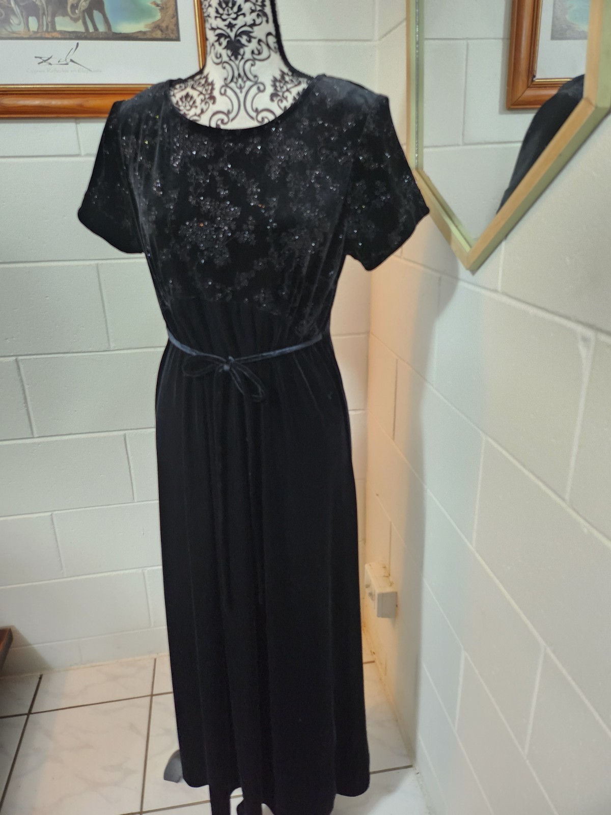 GOTHIC BLACK Dress Another Thyme Vintage 90&rsquo;s Designer Label Diamonte Velvet S