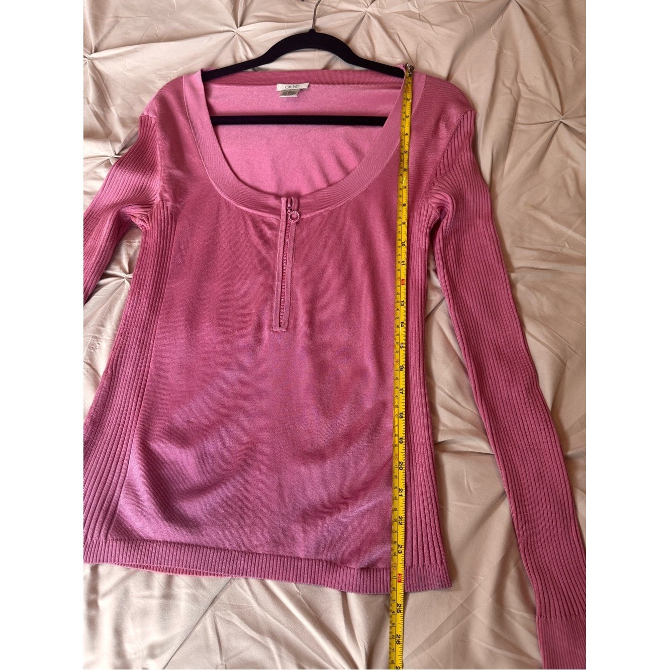 Vintage Y2K Cache Pink Ribbed Long Sleeve Top Size L Rhinestone Zipper