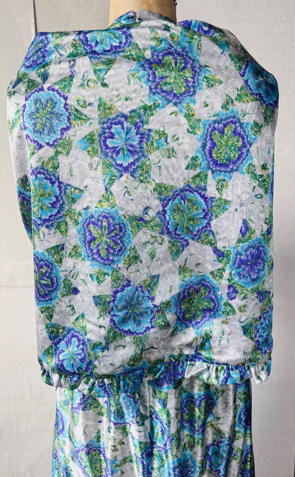VTG 70&rsquo;S HIPPY BOHO HANDMADE BLUEWHITE&PURPLE FLORAL PAISLEY MAXI DRESS+WRAP*S/M