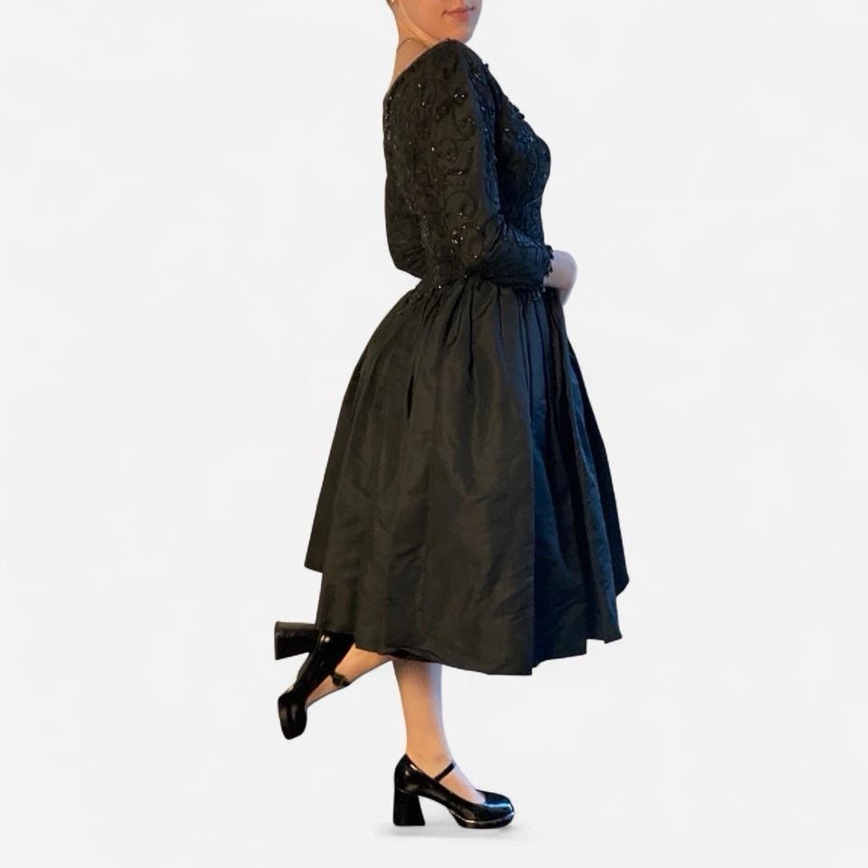 1950s Old Hollywood Black Beaded Embroidered Full Skirt Dress (Bramson)