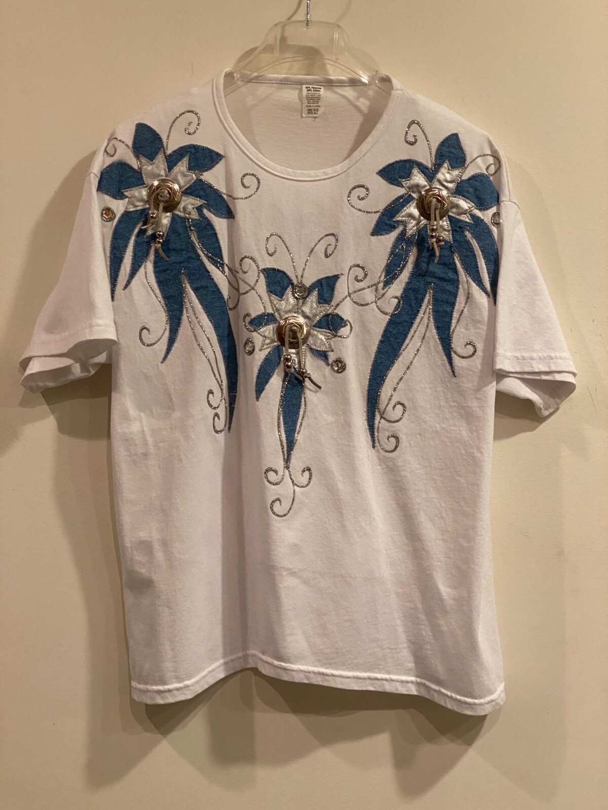 Vintage White Polyester & Cotton T Shirt Decorated w/Denim Applique & Rhinestone