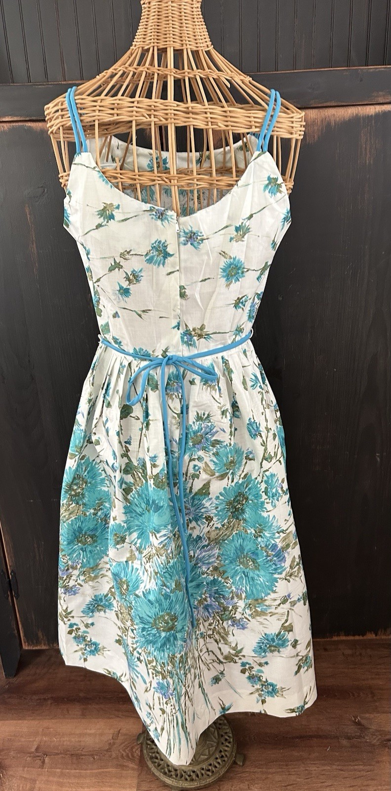 NEVER WORN Vintage TURQUOISE FLORAL DRESS Mid Century 1950s Fitted Flared Dress