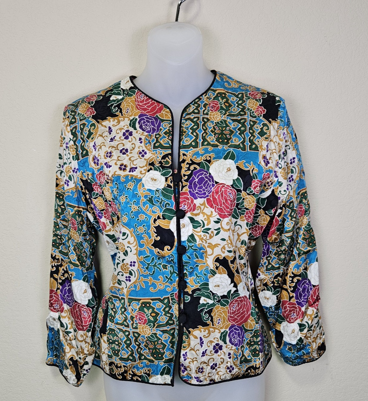 80s Adrianna Papell 100% Silk Jacket 8 Floral Vibrant Formal Blazer Colorful VTG