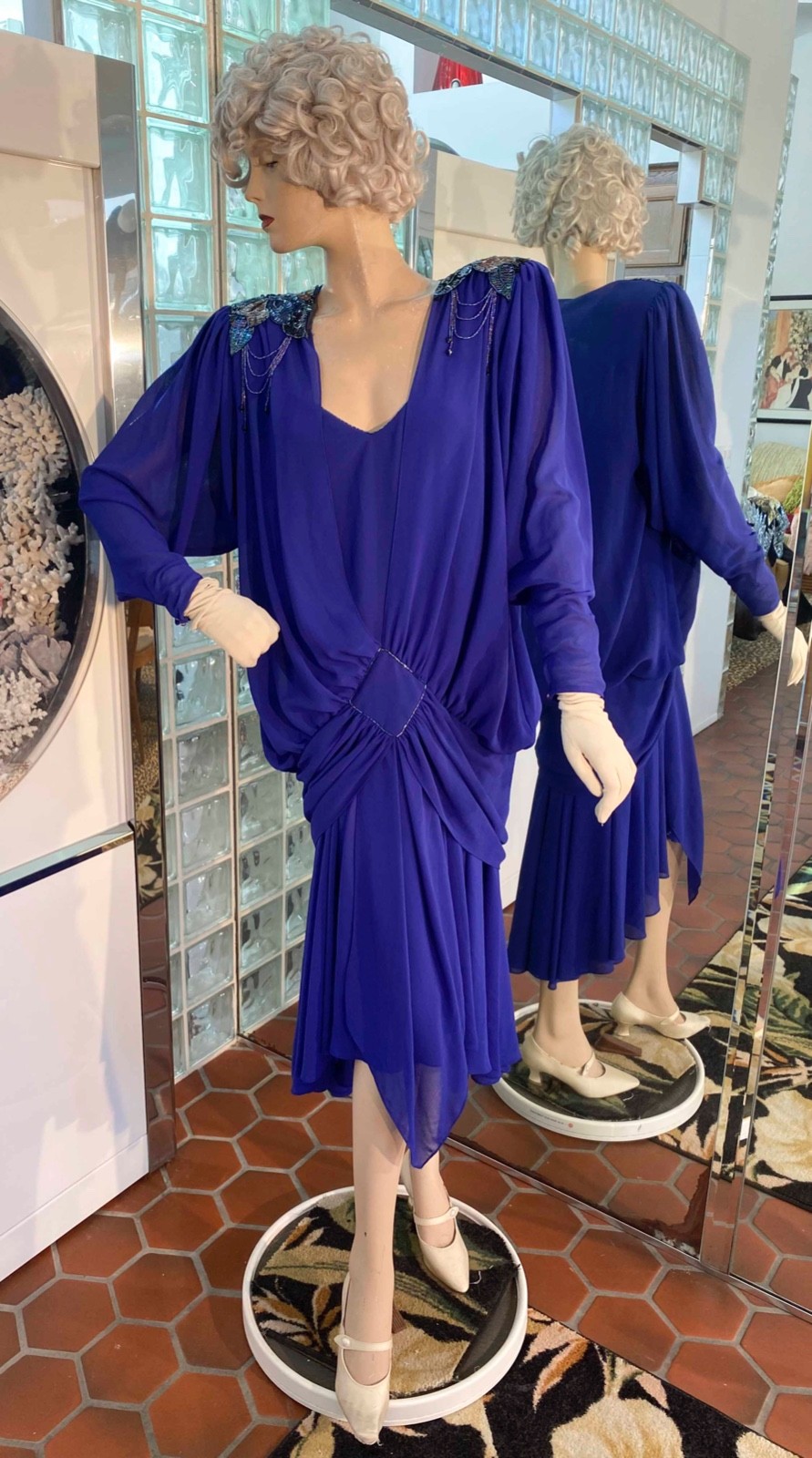 Drop Waist Dress Beaded Blue Size M Flapper Gatsby Copy of late 1920s VTG 80s