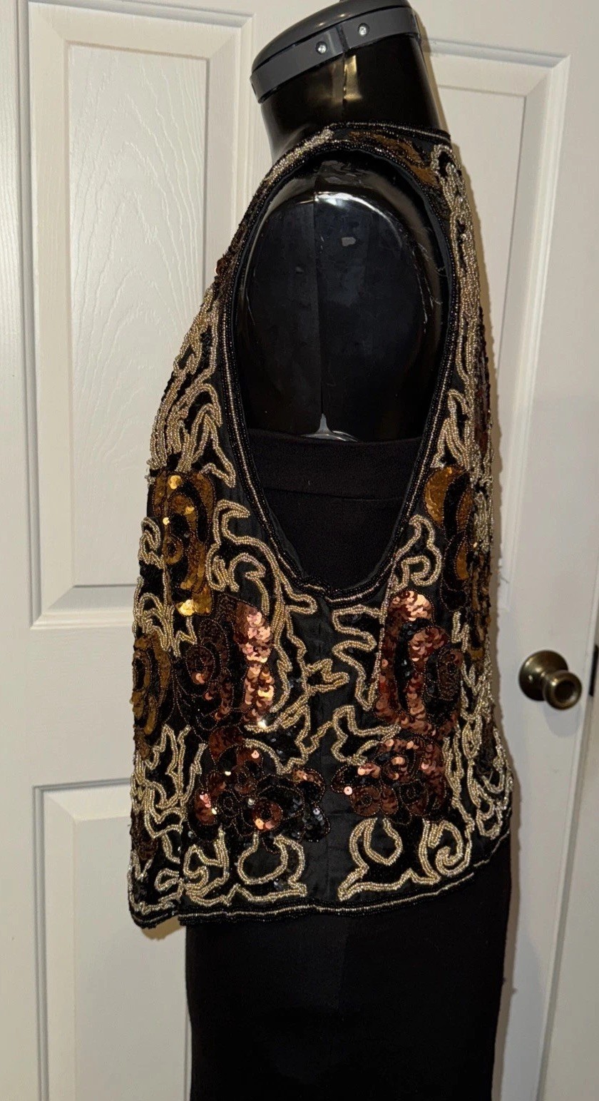VINTAGE 80&rsquo;s Silk Beaded Sequin Vest BLACK TIE BY HE-RO Black Gold Copper L