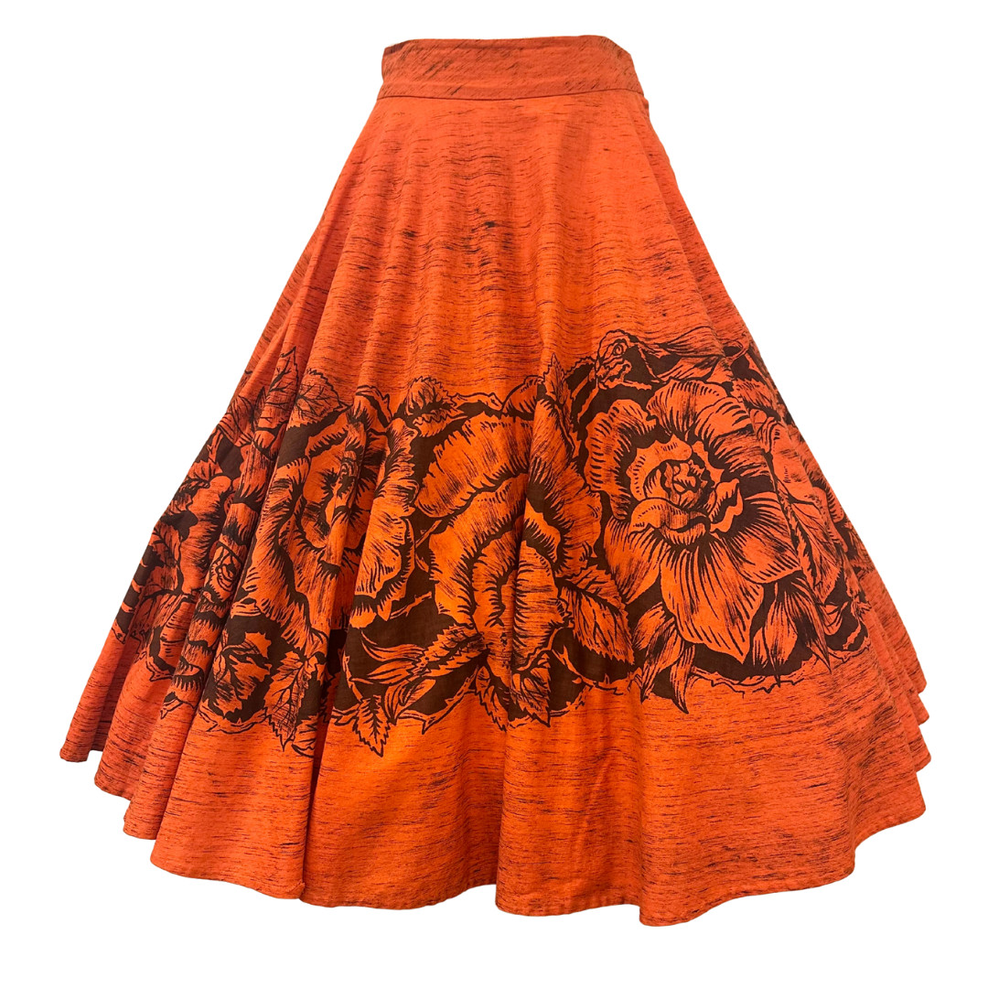 Vintage 1950s Orange Handpainted Floral Mexican Circle Skirt