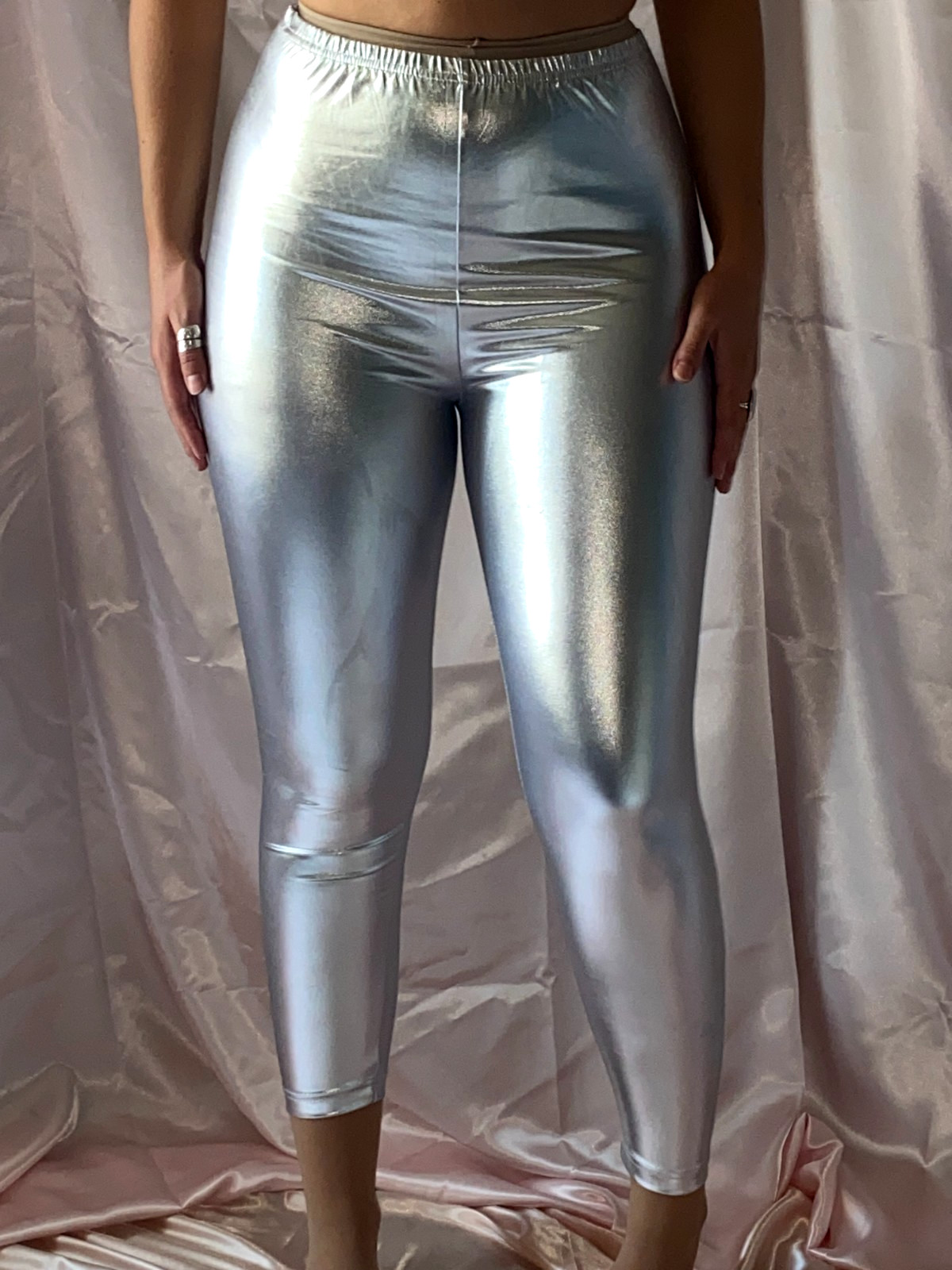 VTG SILVER LAME SILKY REFLECTIVE LIQUID FOIL SPANDEX PANTS NOS S SPACEAGE RUSTLE