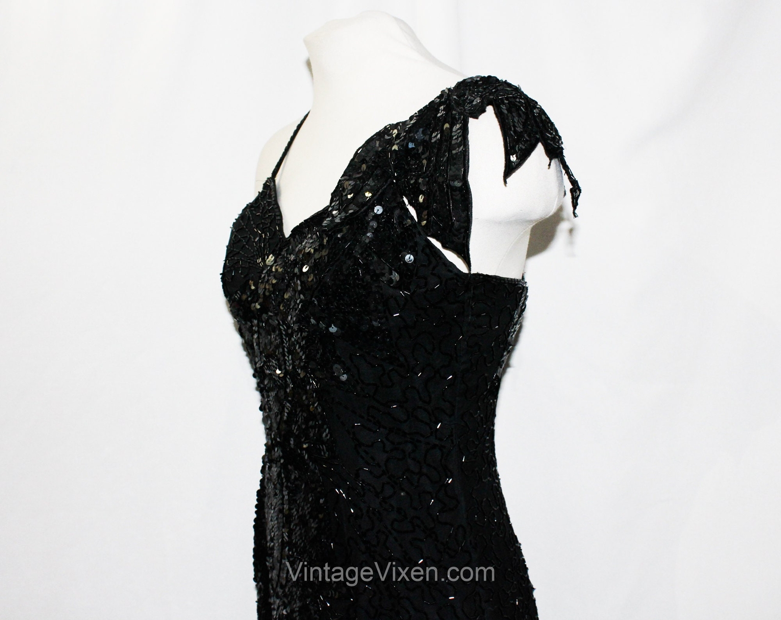 Sexy Black Party Dress – Small Glam Disco 80s Beads & Sequins Size 4 Asymmetric