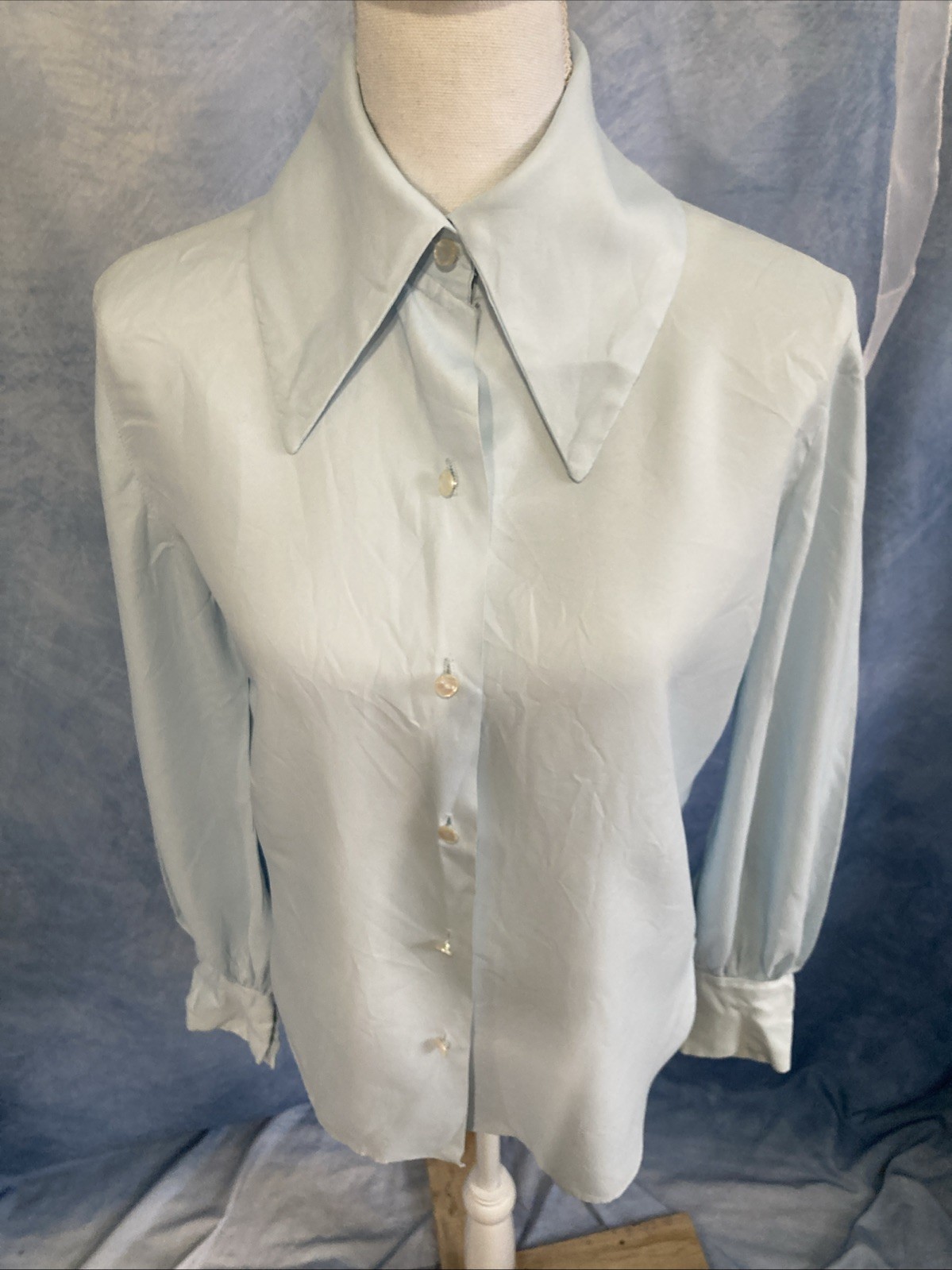 VTG Miss Chris Blue Ruffle Jabot Blouse 70s Secretary Victorian Union Made XS/S