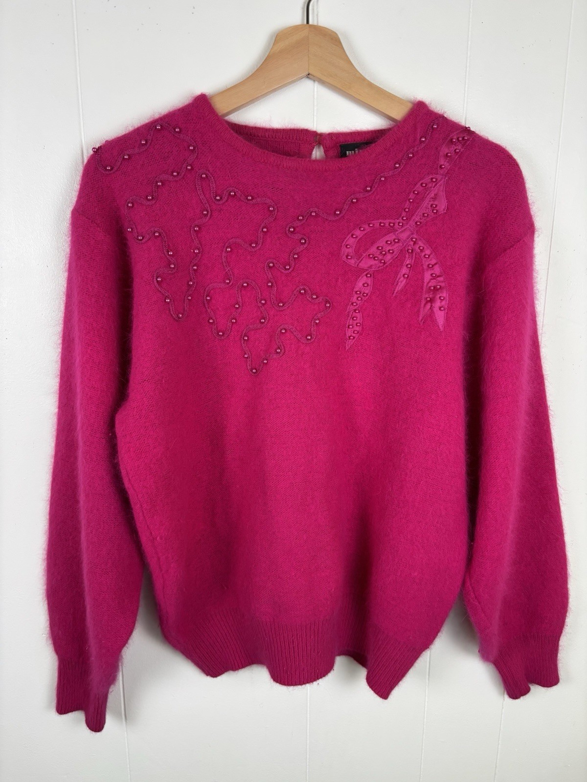 Vintage 80s Pink Coquette Bow Beaded Fuzzy Angora Wool Knit Sweater Pullover