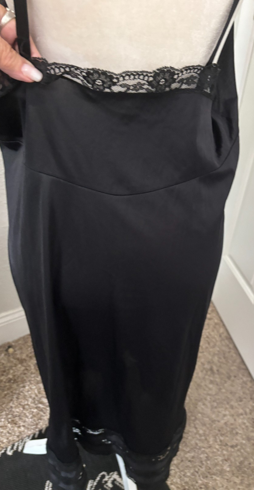 Vtg Sz XL 24 MOVIE STAR USA Black Nylon Lace FULL SLIP Retro SILKY Long Dress