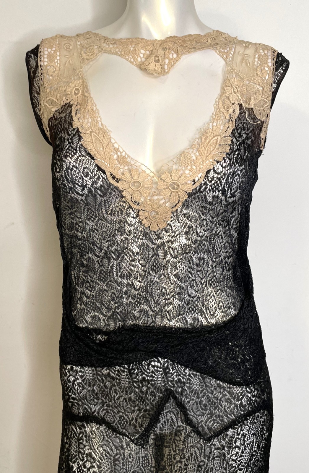 Antique 20s 30s Black Lace Art Deco Dress S M 3-in-1 Sleeveless Midi Fitted