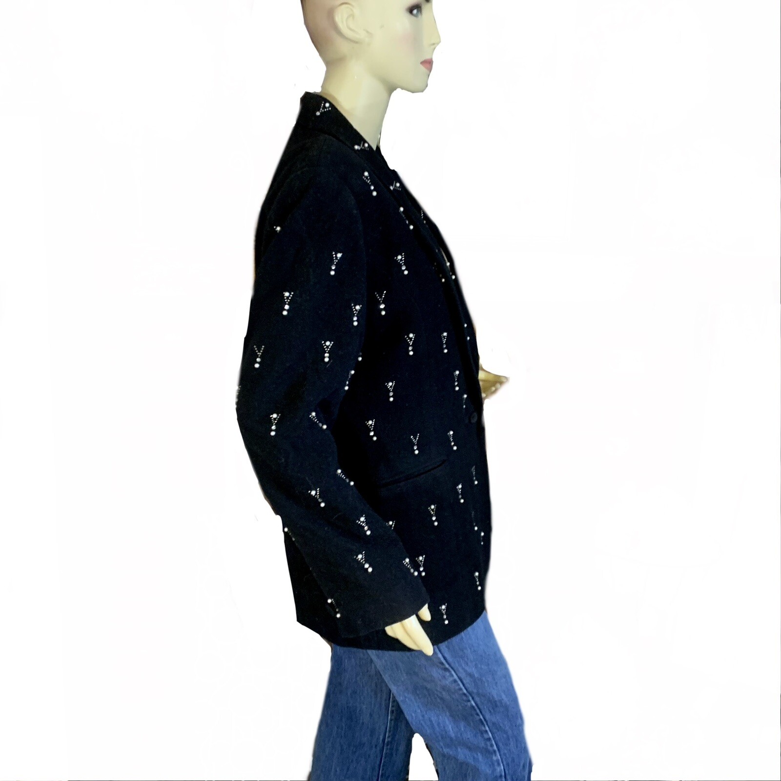 VINTAGE 1980&rsquo;S FOCUS 2000 BLACK WOOL & CASHMERE BLEND BEADED BLAZER SIZE 12
