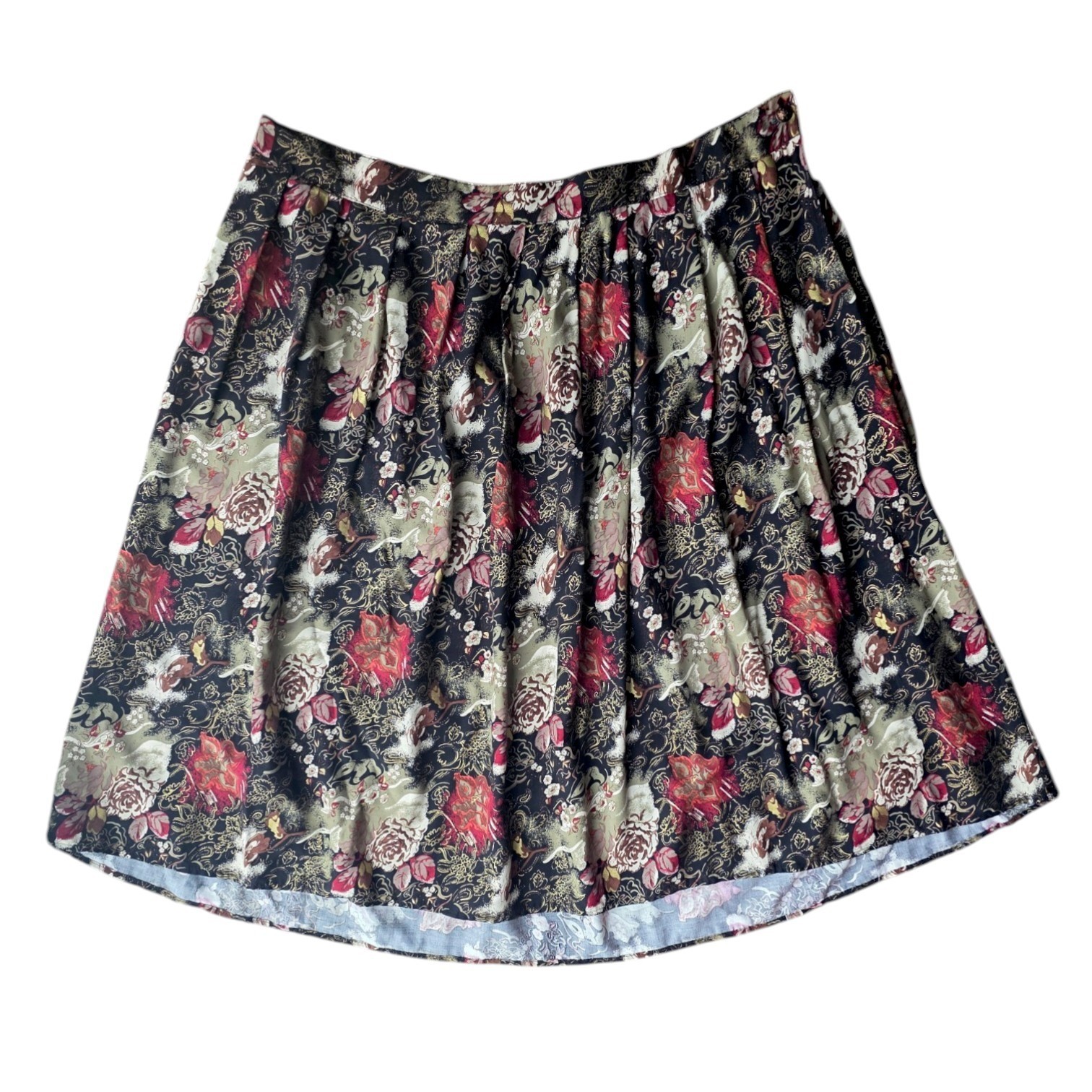 Vintage Liz Moody Dark Abstract Floral Pleated Rayon Midi Skirt 44 Waist