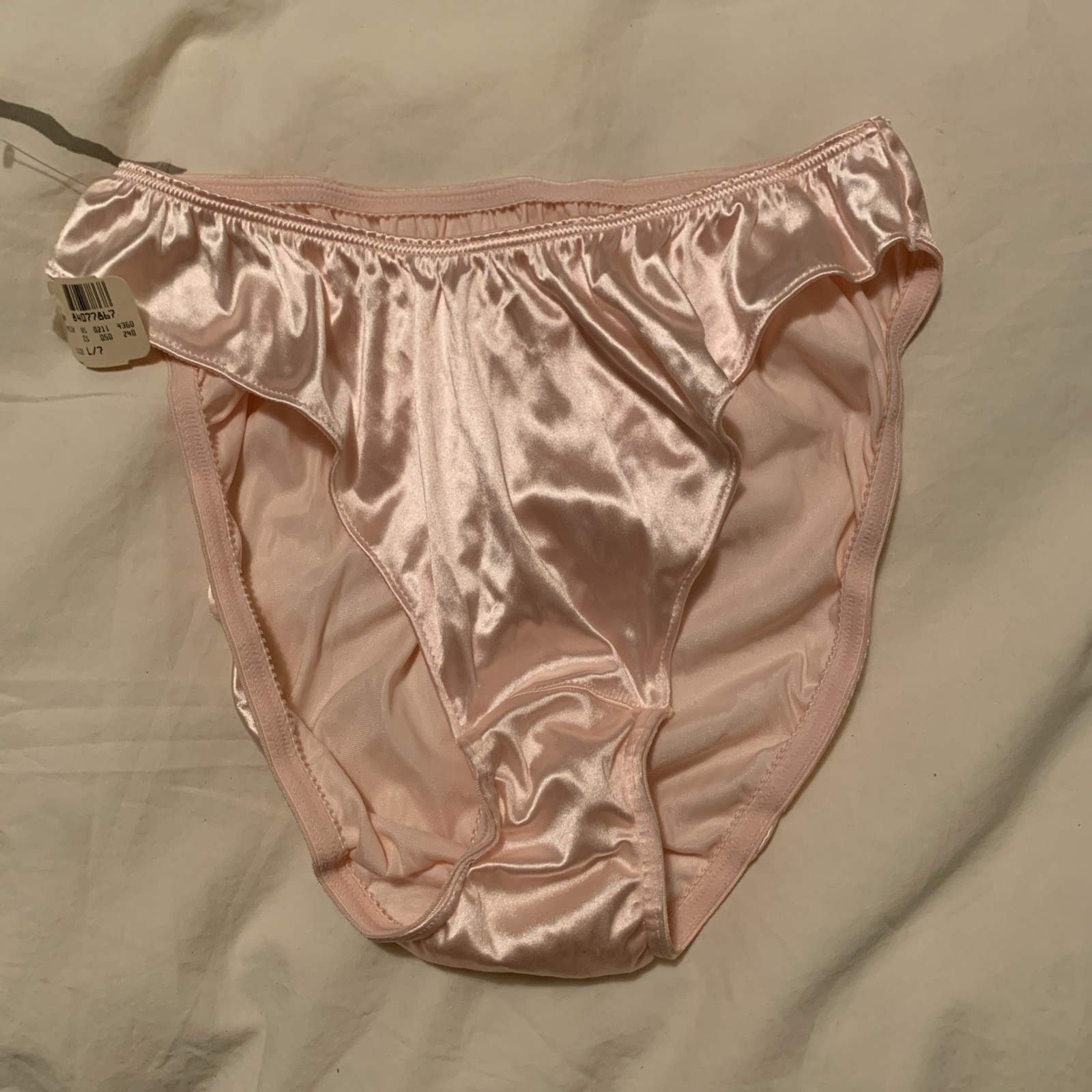 vintage deadstock NWT Victoria Secret Pink Satin Hi Cut Flutter Panty L / 7