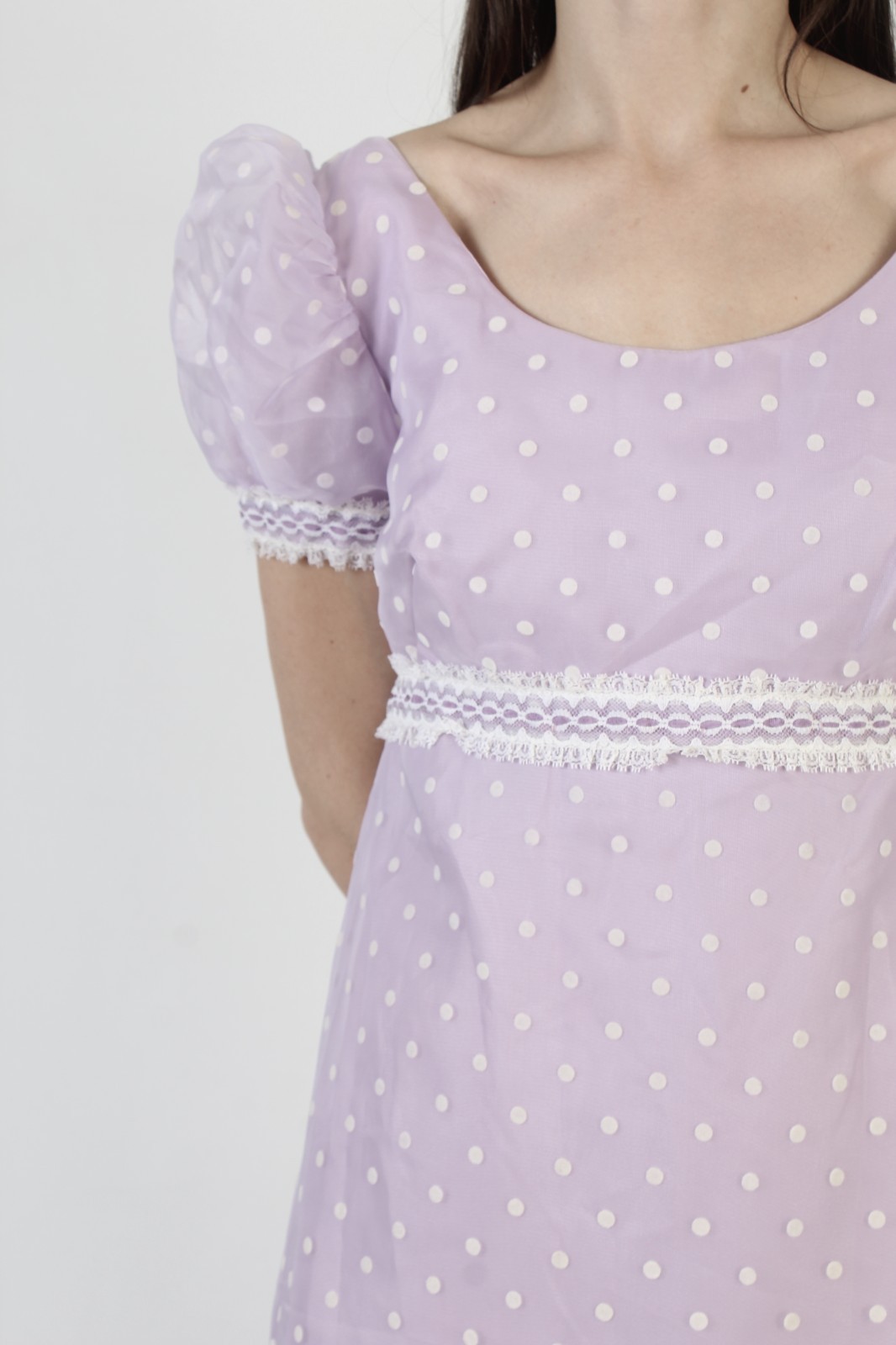 Vtg Violet High Waist Dress Wht Polka Dot Victorian Prairie Evening Prom Gown
