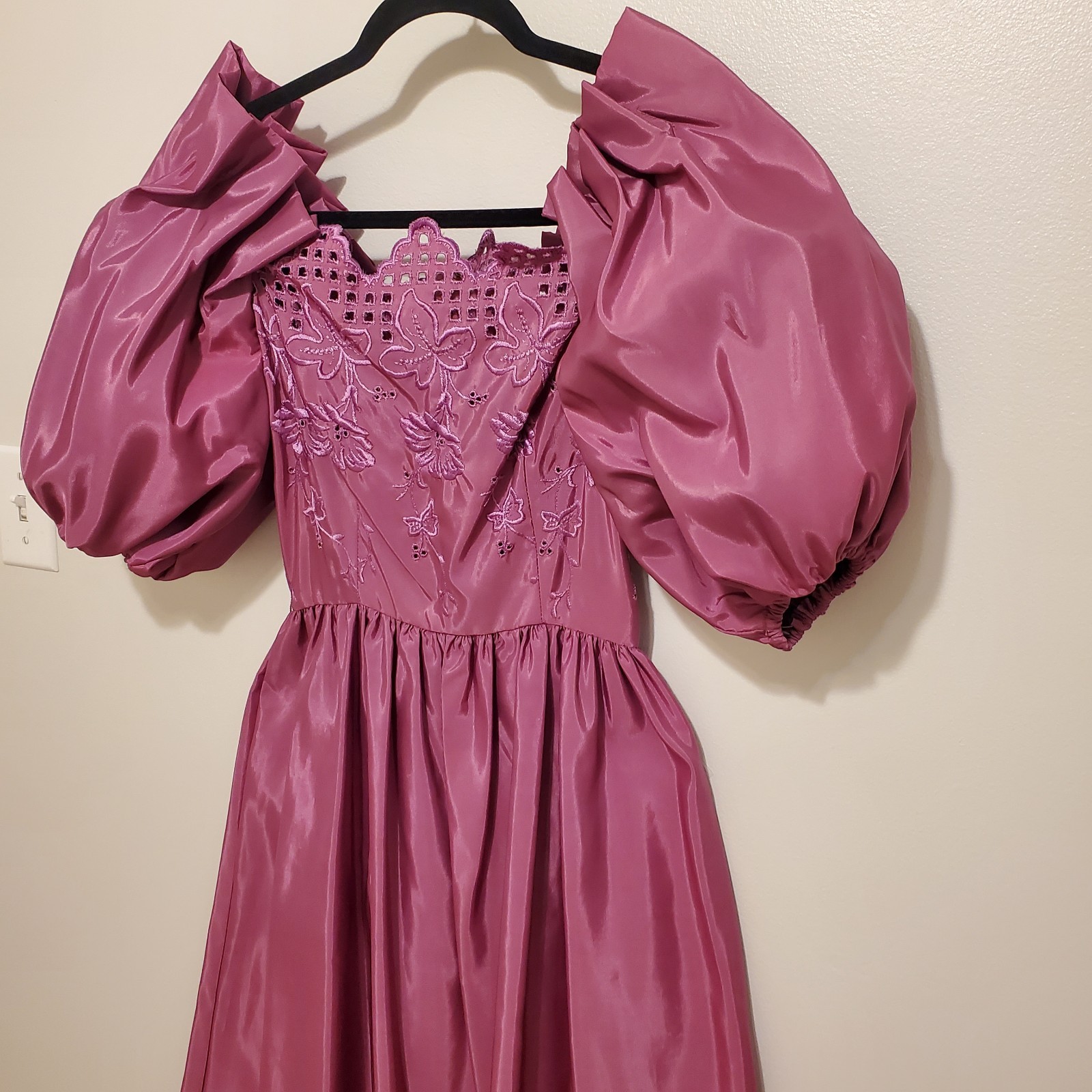 VTG Puff sleeve off shoulder taffeta mauve Prom Gown Dress 5/6 USA Union Made