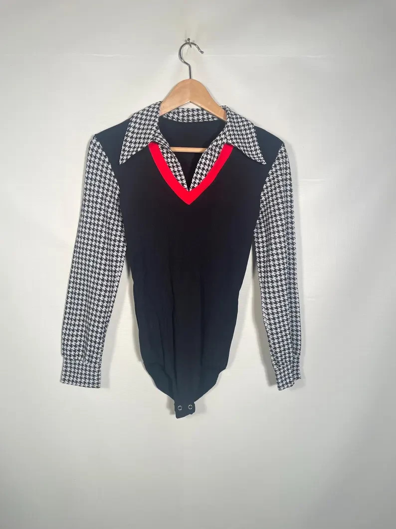 Vintage 1970s Houndstooth Bodysuit Made In USA Size S/M